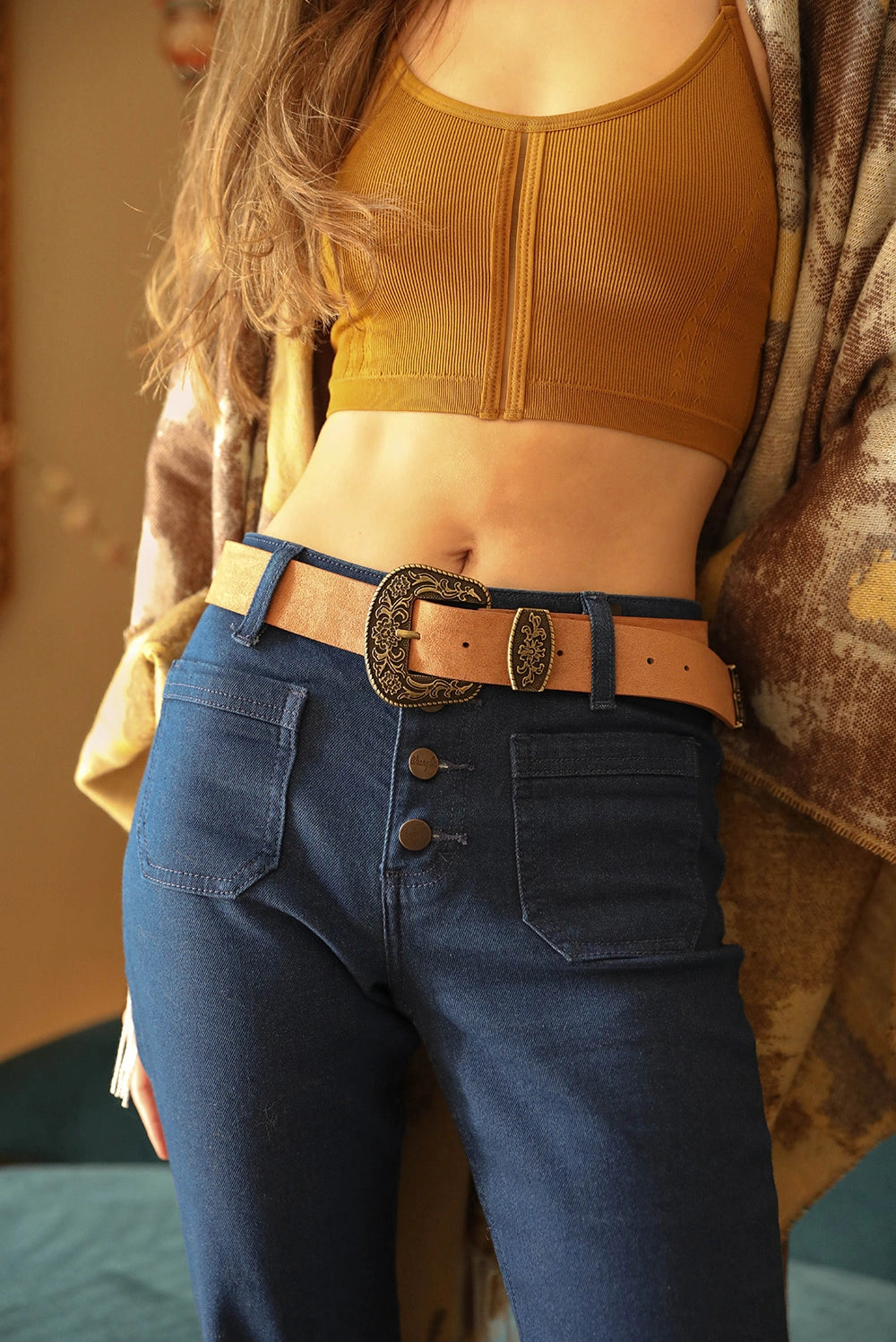 Suede Antique Gold Buckle Belt